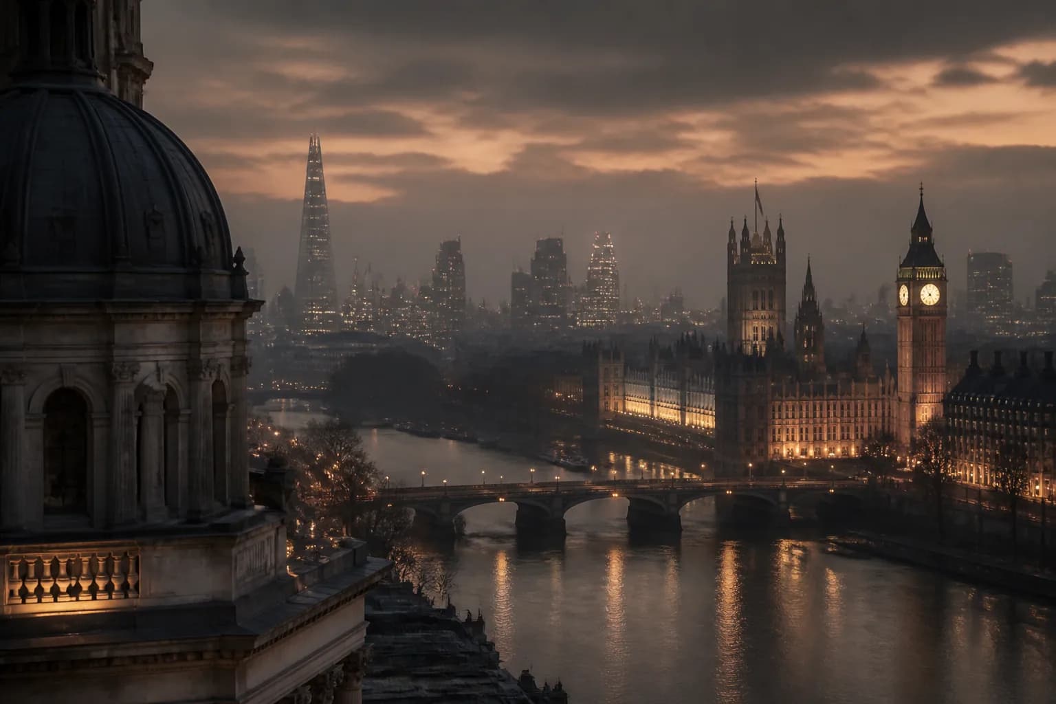 United Kingdom city atmosphere at dusk