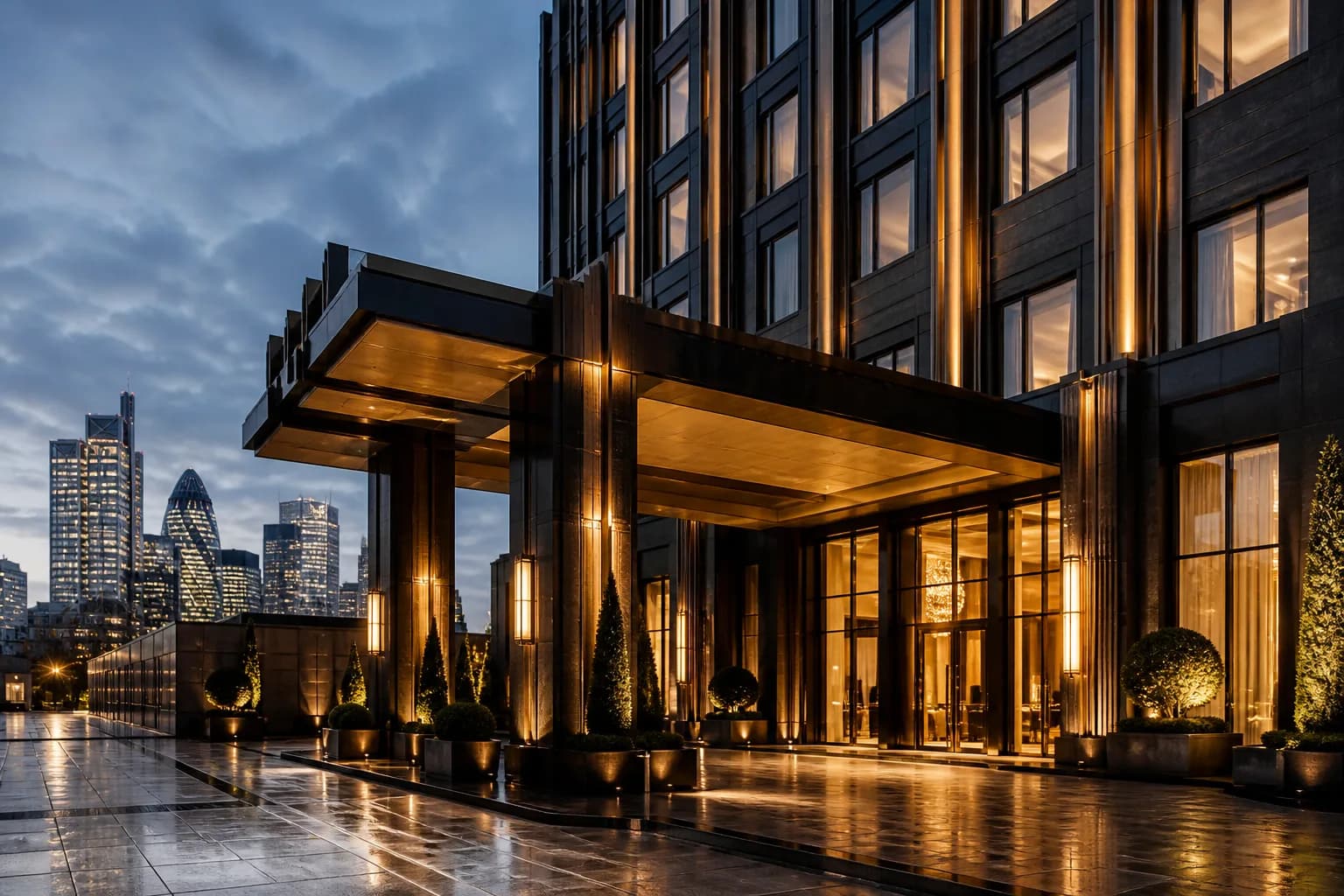 Royal Table illuminated facade at dusk